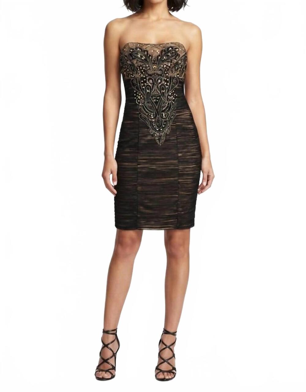 NEW SUE WONG women's embroidered and sequin strapless mesh dress in black gold